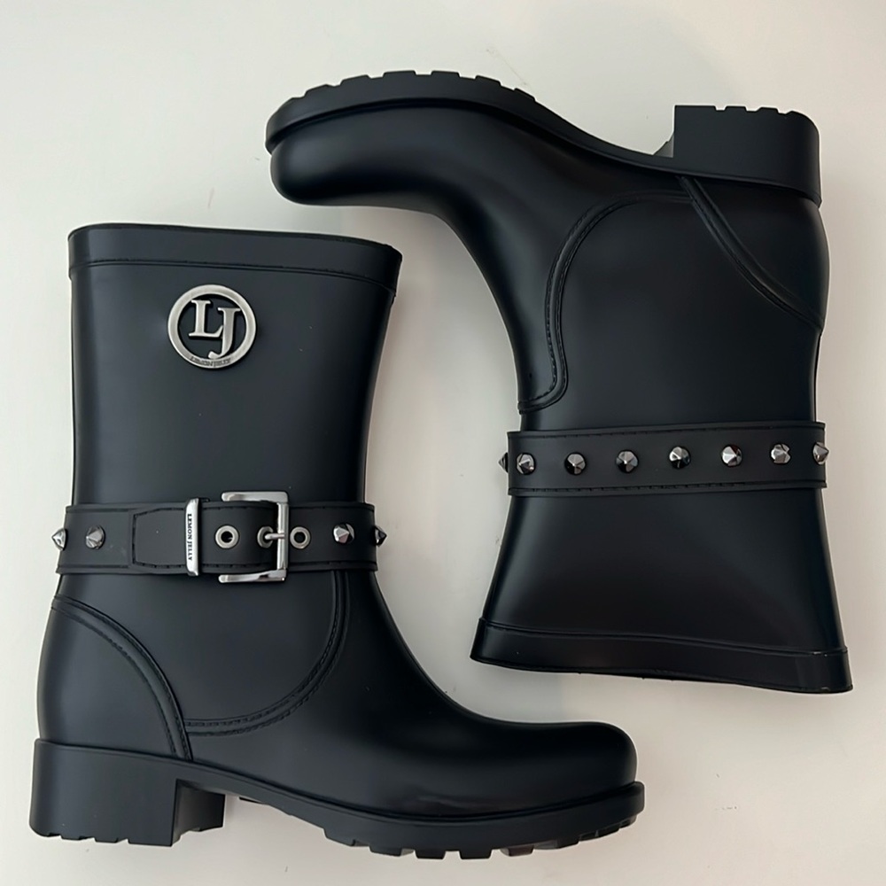LJ Black Stud-Trim Women's Winter Rain Boots